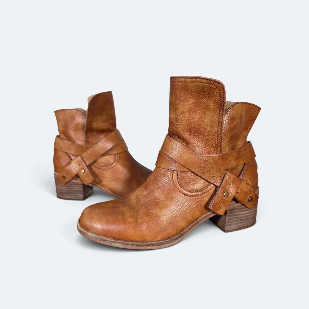 UGG Elora Chestnut Brown Leather Ankle Wrap Block Heel Boots Size 8